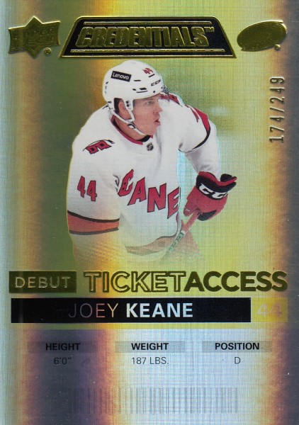 insert RC karta JOEY KEANE 21-22 Credentials Debut Ticket Access Yellow /249
